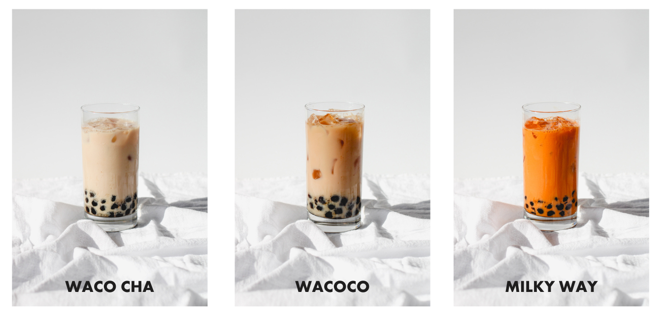 Three pictures of Cha Community drinks include Waco Cha with tapioca boba, Wacoco with tapioca boba, and Milky Way Thai Tea with tapioca boba. All the drinks are on linen clothes with a white-colored background.