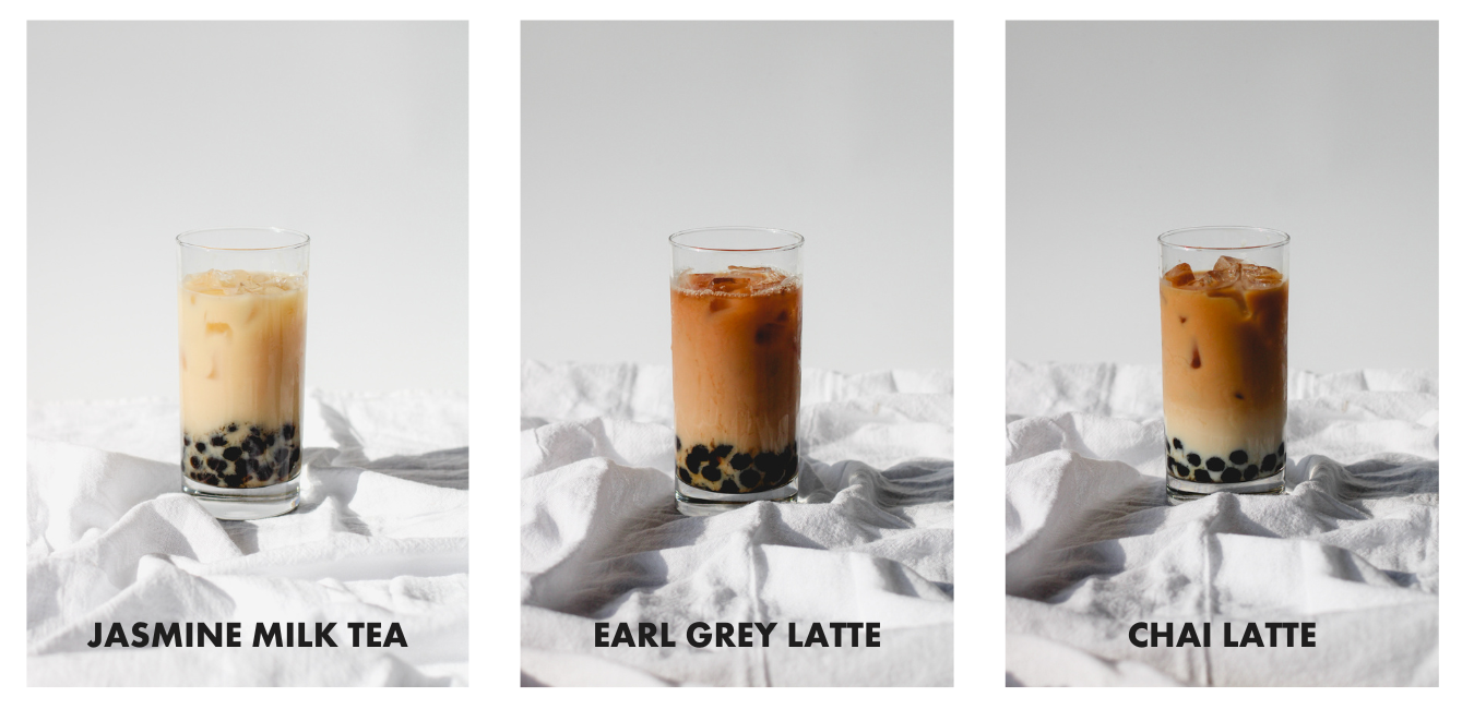 Three pictures of Cha Community drinks include Jasmine milk tea with tapioca boba, Earl Grey Latte with tapioca boba, and a Chai Latte with tapioca boba. All the drinks are on linen clothes with a white-colored background.